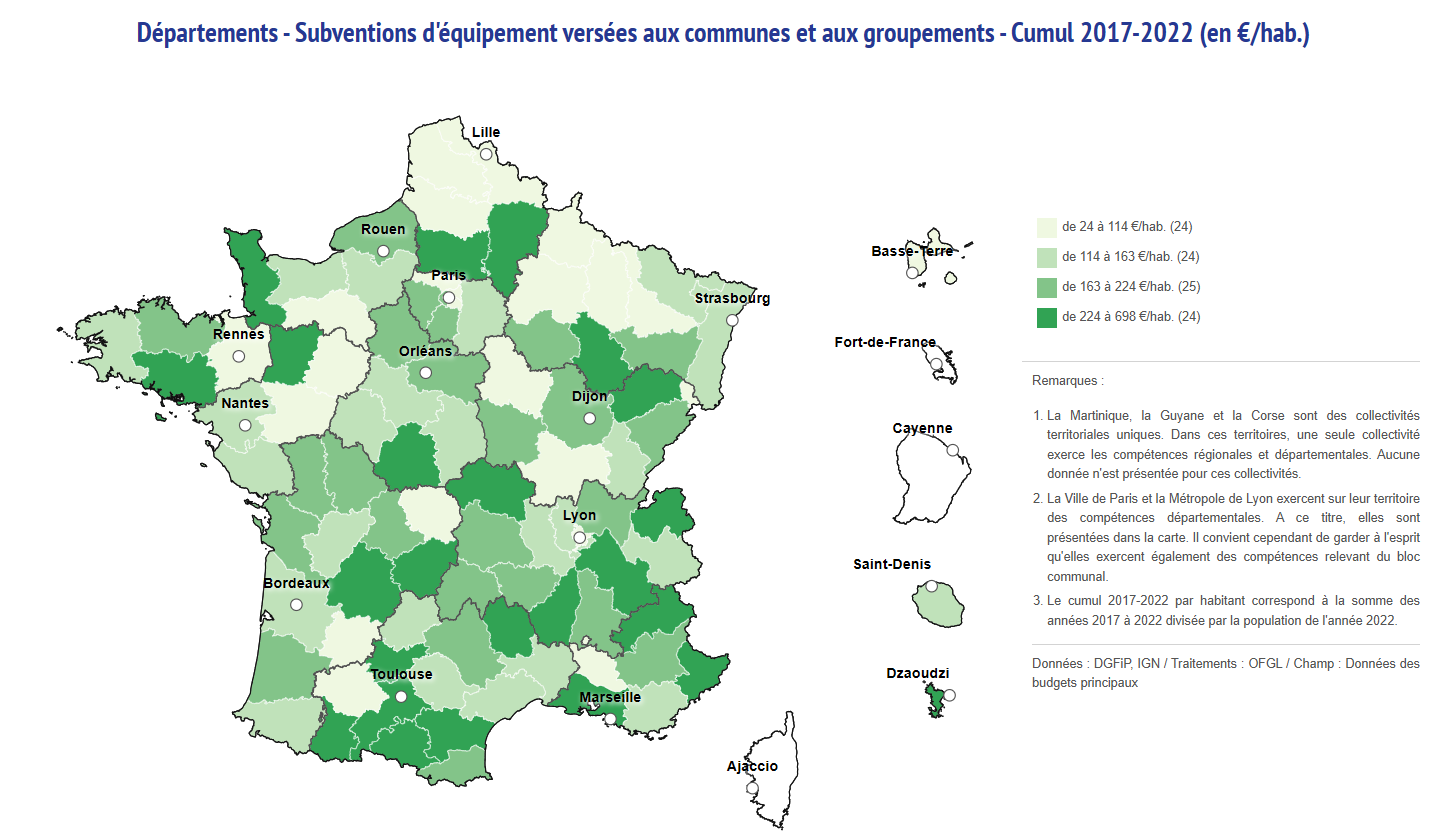 Carte de France des subventions d'équipement versées par les Départements aux communes et aux groupements de 2017 à 2022