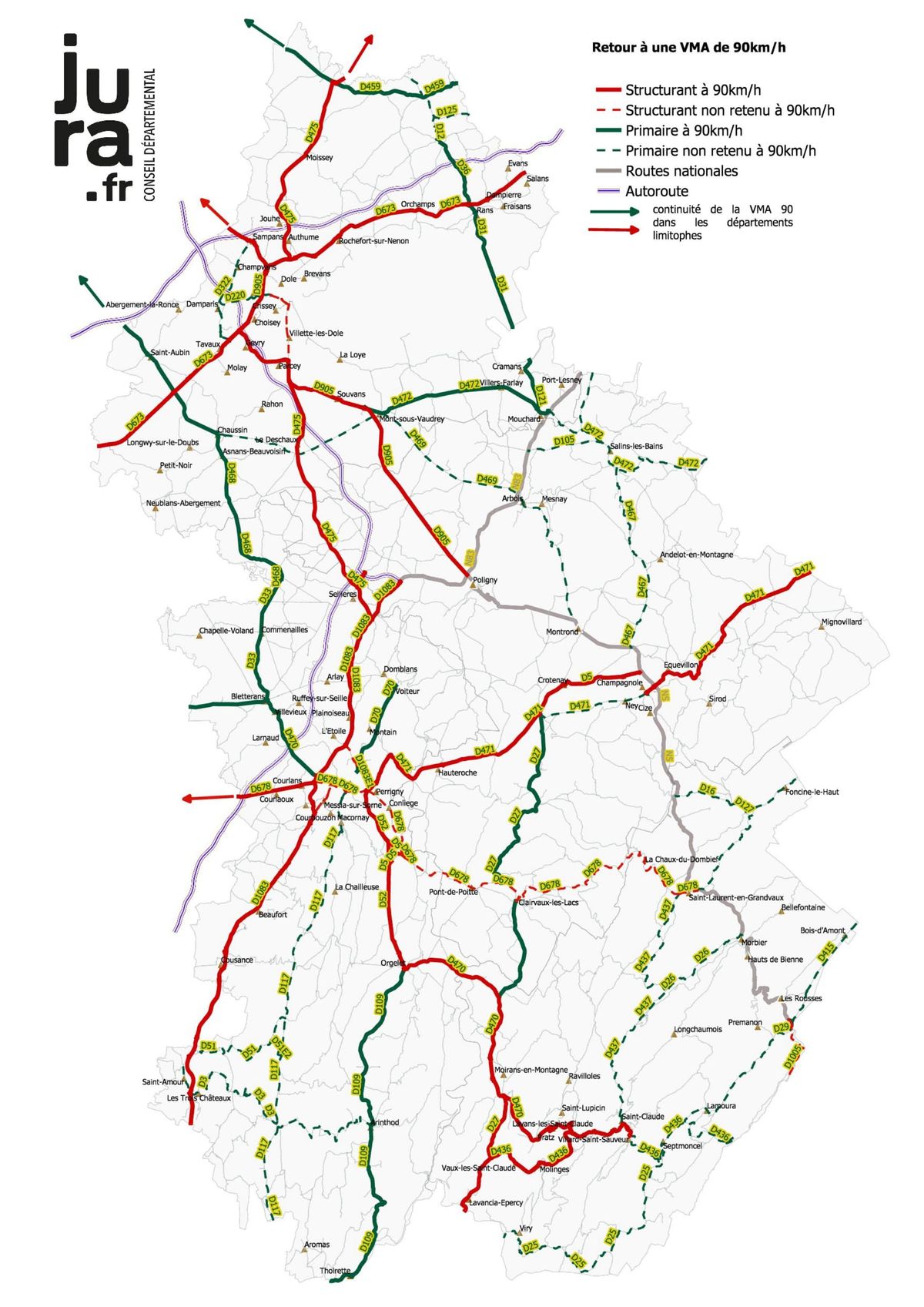 Carte du réseau routier départemental concerné et non concerné